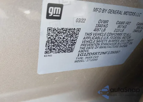 2022 Chevrolet Malibu Fwd Lt из США, поврежденный, VIN 1G1ZD5ST2NF135087